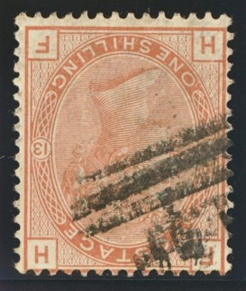 1873 1/- Orange Brown Variety inverted watermark. SG 151i.  A Fine Used example of this Difficult stamp. Cat £395