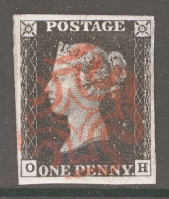 1840 1d Black SG 2  Plate 6 Lettered O.H.  A Very Fine Used example with 4 Good to Large Margins Neatly cancelled by a Crisp Red M/X