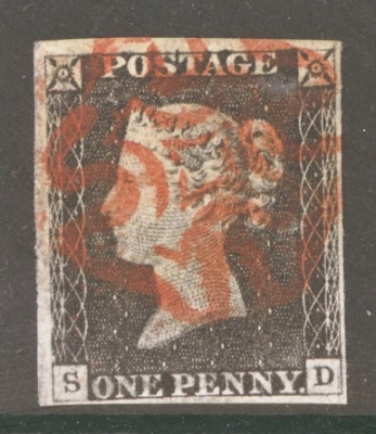 1840 1d Black SG 2 Plate 2 Lettered S.D.  A Fine Used example with 4 Good to Large Margins Neatly Cancelled by a Red M/X.