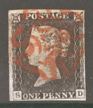 1840 1d Black SG 2 Plate 2 Lettered S.D.  A Fine Used example with 4 Good to Large Margins Neatly Cancelled by a Red M/X.