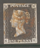 1840 1d Black SG 2 Plate 7 Lettered E.H.  A Fine Used example with 4 Good Margins Cancelled by a Red M/X.