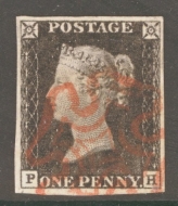 1840 1d Black SG 2  Plate 1A  P.H.  A Very Fine Used example with 4 Large Margins Neatly Cancelled by a Red M/X.