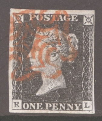 1840 1d Black SG 2  Plate 2 Lettered E.L.  A Very Fine Used example with 4 Clear to Large Margins neatly cancelled by a …