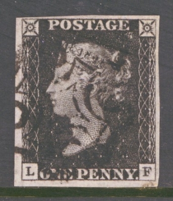 1840 1d Black SG 2 Plate 8 Lettered L.F.  A Very Fine Used example with 4 Good to Large Margins Neatly Cancelled by a Black M/X.