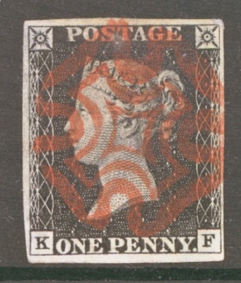 1840 1d Black SG 2 Plate 1B Lettered K.F.  A Very Fine Used example with 4 Good Margins Neatly Cancelled by a Bright Red…