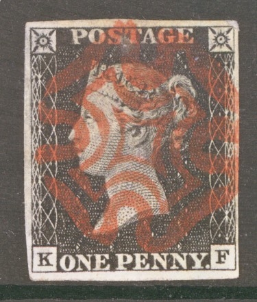 1840 1d Black SG 2 Plate 1B Lettered K.F.  A Very Fine Used example with 4 Good Margins Neatly Cancelled by a Bright Red M/X.