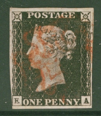 1840 1d Black SG 2  Plate 6 Lettered E.A.  A Fine Used example with 4 Clear to Good Margins cancelled by a Red M/X