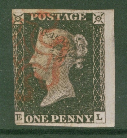 1840 1d Black SG 2 Lettered E.L.  A Very Fine Used example with 3 Large Margins cancelled by a Red M/X