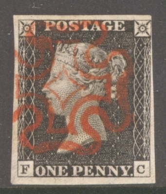 1840 1d Black SG 2  Plate 2 Lettered F.C.   A Superb Used example with 4 Clear to Large Margins Neatly Cancelled by a …