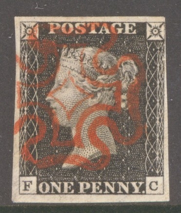 1840 1d Black SG 2  Plate 2 Lettered F.C.   A Superb Used example with 4 Clear to Large Margins Neatly Cancelled by a Superb Bright Red M/X.