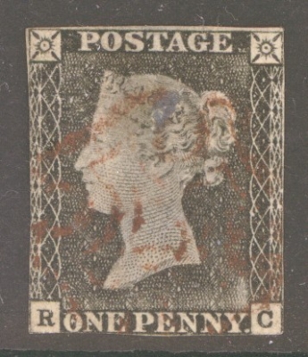 1840 1d Grey Black SG 3 lettered R.C.  A Fine Used example showing Plate wear lightly cancelled by a Red M/X. Reverse thin.