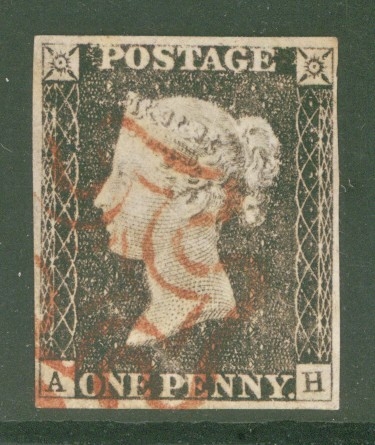 1840 1d Grey Black SG 3  Plate 2 Lettered A.H.  A Very Fine Used example with 4 Good Margins neatly cancelled by a Red M/X