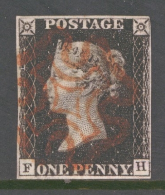 1840 1d Intense Black SG 1 Plate 5 Lettered F.H.  A Very Fine Used example with 4 Good Margins Neatly Cancelled by a Red M/X.