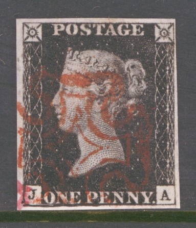 1840 1d Intense Black SG 1 Plate 8 Lettered J.A.  A Very Fine Used example with 4 Good to Large Margins Neatly Cancelled by a Red M/X.