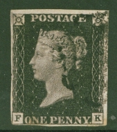 1840 1d Intense Black SG 1 Plate 10 F.K.  A Fine Used example with 4 Close to Large Margins Cancelled by a Black M/X.