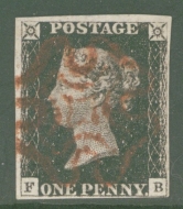 1840 1d Intense Black SG 1 Plate 6 lettered F.B.  A Very Fine Used example with 4 Good to Large Margins Neatly cancelled by a Brownish M/X. 