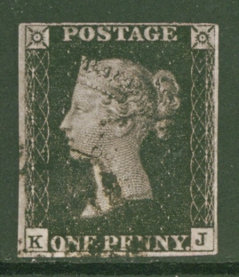 1840 1d Intense Black SG 1 Plate 10 K.J.  A Very Fine Used example with 4 Good Margins cancelled by a Black M/X.