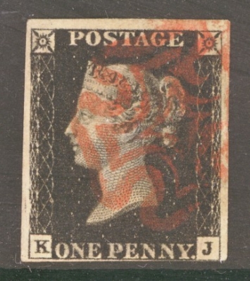 1840 1d Intense Black SG 1 Plate 6 K.J.  A Very Fine Used example with 4 Close to Large Margins Neatly Cancelled by a Red M/X.