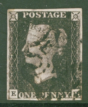 1840 1d Intense Black SG 1 Plate 10 Lettered E.H.  A Very Fine Used example with 4 Large Margins Neatly Cancelled by a Black M/X. Cat £950