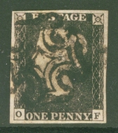 1840 1d Intense Black SG 1  Plate 6 Lettered O.F.  A  Very Fine Used example with 4 Large Margins cancelled by a Black M/X