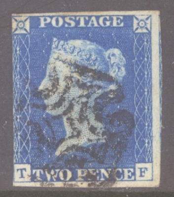 1840 2d Blue SG 5 Plate 1 lettered T.F.  A Very Fine Used example with 3 Good Margins Cancelled by a Black M/X