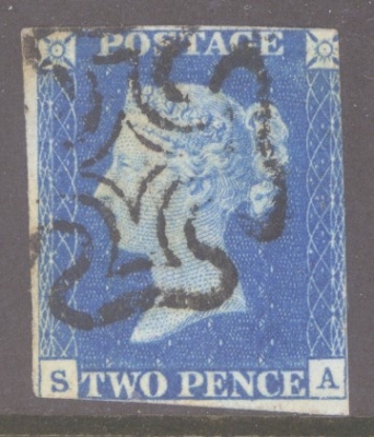 1840 2d Blue SG 5 Plate 2 lettered S.A.  A Fine Used example Cancelled by a black M/X 