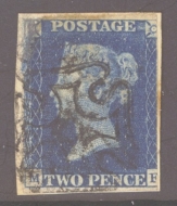 1840 2d Blue SG 5 lettered M.F.  A Fine Used example tied to small piece cancelled by a Black M/X. Corner fault.