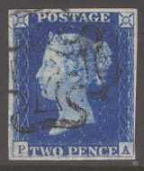 1840 2d Blue SG 5 Plate 2  Lettered P.A.  A Fine Used example with 4 Good Margins Neatly cancelled by a Black M/X