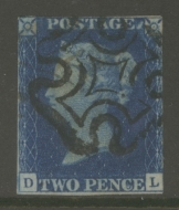 1840 2d Deep Blue SG 4 Plate 1 Lettered D.L.  A Very Fine Used example with 3 Clear Margins Neatly cancelled by a Black M/X