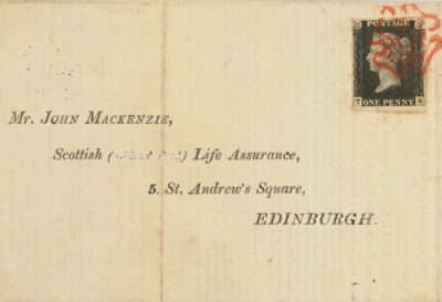 1840 1d Black SG 2 Plate1a lettered T.B.  A Very Fine Used example with 4 Large Margins on printed Equitable Society Fo…