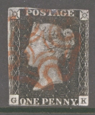 1840 1d Black SG 2 lettered G.K.  A Fine Used example Neatly cancelled by a Red M/X.