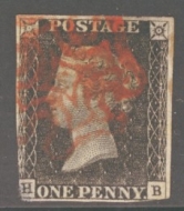 1840 1d Black SG 2 lettered H.B.  A Good Used example cancelled by a Red M/X. Reverse thin