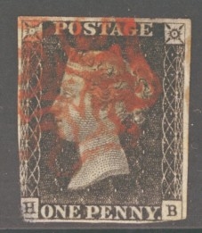 1840 1d Black SG 2 lettered H.B.  A Good Used example cancelled by a Red M/X. Reverse thin