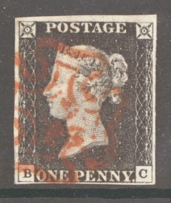 1840 1d Black SG 2 Plate 3 Lettered B.C.  A Very  Fine Used example with 4 Good to Large Margins Cancelled by a Red M/X.