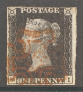 1840 1d Black SG 2 Plate 5 Lettered M.I.  A Very  Fine Used example with 3½ Margins Cancelled by a Red M/X.