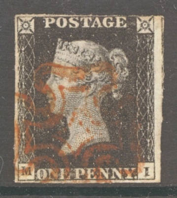 1840 1d Black SG 2 Plate 5 Lettered M.I.  A Very  Fine Used example with 3½ Margins Cancelled by a Red M/X.