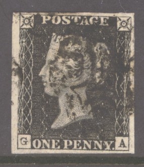 1840 1d Black SG 2 Plate 6 lettered G.A.  A Very Fine  Used example with 4 Good to Large Margins cancelled by a Black M/X.