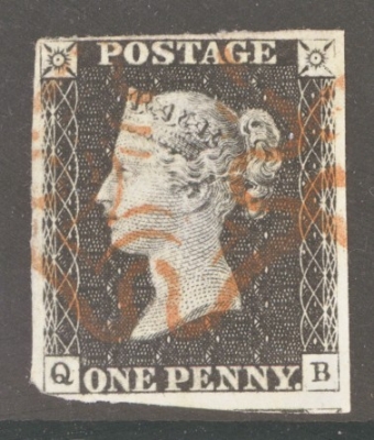 1840 1d Black SG 2 Plate 6 Lettered Q.B.  A Very Fine Used example with 4 Close to Large Margins Neatly Cancelled by a Red M/X.