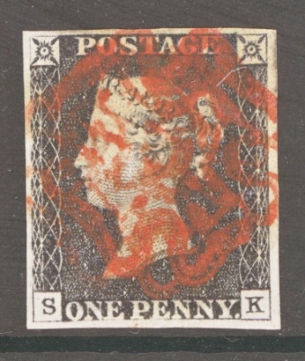 1840 1d Black SG 2 Plate 6 Lettered S.K.  A  Fine Used example with 4 Good to Large Margins Cancelled by a Bright Red M/…