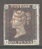 1840 1d Black SG 2 Plate 8 Lettered I.G.  A Very Fine Used example with 4 Good to Large Margins Neatly Cancelled by a Red M/X.