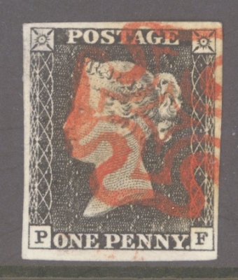 1840 1d Black SG 2 Plate 1a lettered P.F.  A Fine Used example neatly cancelled by a Red M/X