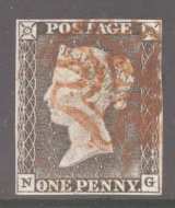 1840 1d Grey Black SG 3  Plate 1a Lettered N.G.  A Fine Used example with 4 Good Margins cancelled by a Red M/X