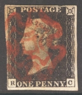 1840 1d Intense Black SG 1 Plate 1b lettered R.C.  A Very Fine Used example with 4 clear to large margins