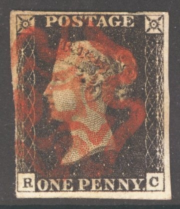 1840 1d Intense Black SG 1 Plate 1b lettered R.C.  A Very Fine Used example with 4 clear to large margins