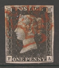 1840 1d Black SG 2 Plate 7 lettered F.A.  A Very Fine Used example with 4 good margins