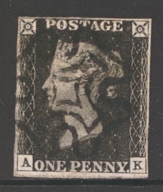 1840 1d Black SG 2 Plate 6 lettered A.K.  A Fine Used example with 4 good to clear margins