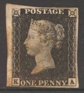 1840 1d Black SG 2 Plate 6 lettered K.A.  A Fine Used example with 4 clear to Extra large margins