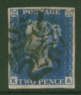 1840 2d Blue SG 5 Plate 2  K.A. A Fine Used example with 4 Good to Large margins cancelled by a Black M/X