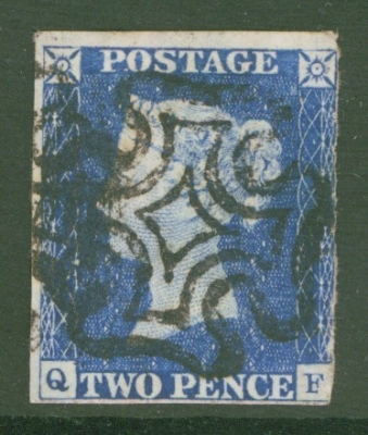 1840 2d Blue SG 5 Plate 2 Q.F.  A Fine Used example with 3 Clear to Good margins, may have a very light crease. A Nice L…