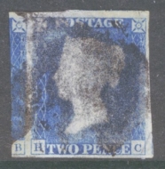 1840 2d Pale Blue SG 6 lettered H.C.  A Large 4 Margin example cancelled by a smudgy Black M/X,  small corner crease.